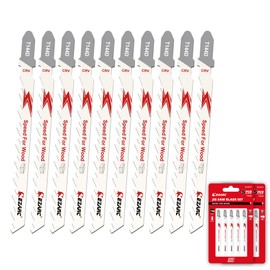 EZARC 10-Piece Jigsaw Blades T144D for Fast Wood Cutting, 6TPI T-Shank Jigsaw Blade Set Made of CRV, Curved and Wavy Cutting