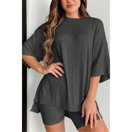Huniam Women's 2 Piece Lounge Set 2025 Summer Outfit Short Sleeve Oversized Tshirts & Biker Shorts Casual Matching Tracksuit (M, Dark Gray)