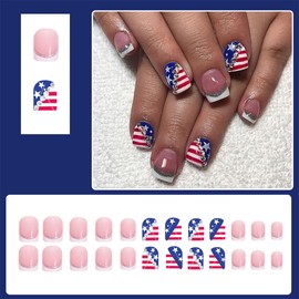 24Pcs 4th of July Press on Nails Short Square French Tip Fake Nails with Red Blue Star American Flag Design Glitter Gems False Nails Full Cover Glue on Nails Independence Day Stick on Nails for Women