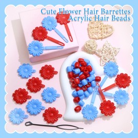 VENOFEN 60PCS Hair Barrettes for Girls Blue&Red Flower Self Hinge Hair Clips Cute Dreadlock Beads Acrylic Pony Hair Beads Plastic Hairpin Clips 80s 90s Colorful Hair Accessorie