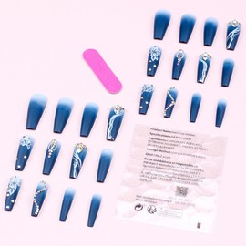 24Pcs Acrylic Press on Nails Long Fake Nails, Luxury Camellia False Nails with Designs Gems Rhinestones,Nails Press ons Dark Blue Ombre Artificial Nails For Women Girls