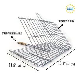 Hakan Lockable Grill Basket 11.8 x 15.8-inch Stainless Steel with Wooden Handle