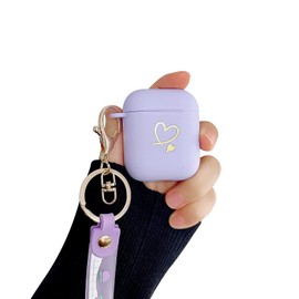 Fycyko Kompatibel mit AirPods Hülle, Airpods 2 hülle und Airpods 1 Case Golden Herz Muster Cover mit Schlüsselanhänger Stoßfeste AirPods Schutzhülle für Mädchen Frau Hülle für Airpods 2 & 1-Lila