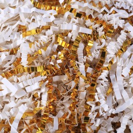 1LB White & Gold Crinkle Cut Paper Shred Filler for Gift Baskets, Gift Boxes, Packing Supplies - Shredded Paper Confetti for Stuffing & Bag Filling - Perfect for Holiday, Birthday, and Party Wrapping