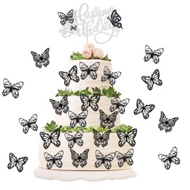 25 piezas de decoración para tartas de mariposas con purpurina, para cumpleaños, 3D, color negro, para decoración de tartas de cumpleaños, bodas, baby shower, niños, suministros de fiesta de cumpleaños, color plateado