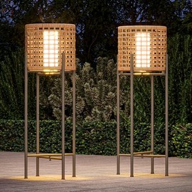 LAUSAINT HOME Solar Powered Outdoor Floor Lamp with Auto On/Off LED Light, Waterproof Wicker Patio Floor Lights, Boho Rattan Floor Lantern for Patio, Yard, Deck, Garden or Porch Decor (2 PCS)