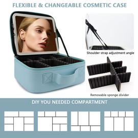 MORMID Travel Makeup Bag with LED Lighted Mirror, Travel Makeup Organizer,3 Color Setting Cosmetic Makeup Box, Adjustable Dividers and Brush Holder（baby blue）