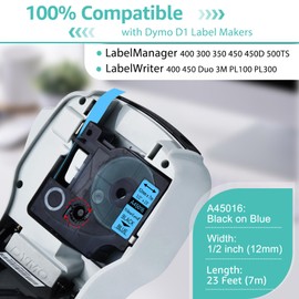 NineLeaf 5 PK Compatible for Dymo D1 45016 S0720560 Label Tape 12mm 1/2 Inch Black on Blue Refill Tape for LabelManager 160 280 360D PnP 500TS LabelWriter 450 Duo COLORPOP Label Maker