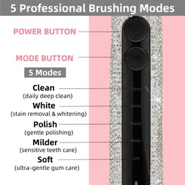 Veseek Diamond Sonic Electric Toothbrush Bling Rechargeable Toothbrushes for Adults with 6 Brush Heads Vibrating Toothbrush-5 Modes, USB-C Fast Charge,2Min Smart Timer,IPX7 Waterproof(White)