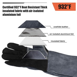 OZERO 932°F Heat Resistant Welding Gloves 16 inches Cowhide Leather - Long Sleeve and Insulated Lining BBQ Glove for Tig Welder/Mig/Grill/Barbecue/Stove Black-gray