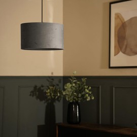 Modern Grey Velvet Cylinder Ceiling Pendant Lampshade/Table Lamp Drum Light Shade - Medium