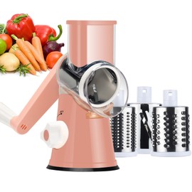 Ourokhome Rotary Cheese Grater Hand Crank, Kitchen Shredder Speed Mandolin Slicer Nuts Grinder with Handle and Drum Blades for Cheese, Vegetable, Walnuts, Chocolate, Potato, Carrot, 3 Blades, Pink