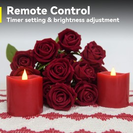 Woocodowe 2 Pieces 3x3 Inch Flickering Flameless Candles, Battery Operated LED Pillar Candle with Remote Control and Timer, Adjustable Brightness for Holidays, Home Decor, Weddings, Red