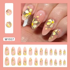 Tyuimhx Summer Yellow Flowers Press on Nails Medium Almond Fake Nail with Designs Yellow Floral False Nail Glossy Full Cover Stick on Nail Flower Acrylic Artificial Glue on Nail for Women 24 Pcs