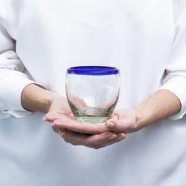Handmade con Amor - 9 oz Hand Blown Mexican Drinking Glasses - Set of 6, 9 fl oz each, Cobalt-Blue Rim