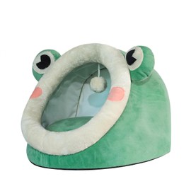 Jiupety Cute Cat Bed, Indoor Lovely Crystal Velvet Igloo for Cat, Warm Cave Sleeping Nest Bed for Puppy and Kitten, Green Frog, S