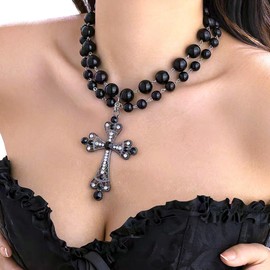 NAMEOF Gothic Necklace, Women's Cross, Cross, Choker, Black, Beads, Grunge, Punk Lolita, Accessories, Adjustable, Cosplay, Costume, Accessories, Gothic Lolita, V Series, Metal, No Gemstone