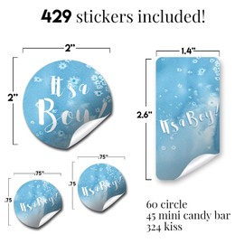 Blue Watercolor Boy Baby Shower Sticker Bundle Kit,429 pieces!!! Includes 60 2" Circle Stickers for Favors & Goodie Bags, 45 Mini Candy Bar Wrappers & 324 Round Candy Kiss Stickers by Amanda Creation