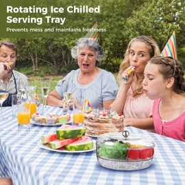 Rotating Ice Chilled Serving Tray, Clear Fruit Veggie Tray with Lid, 5 Compartments Chilled Party Platter, Divided Salad Bowl with Ice Tray for Appetizer, Snacks, Sushi