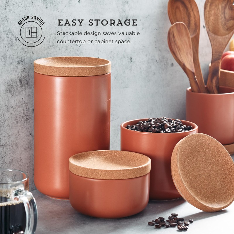 Kamenstein Ceramic and Cork Lid Stackable Canisters, Natural Cork and