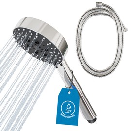 ATHLON TOOLS Shower Head Water-Saving – 5 Jet Types Shower Head – Diameter 105 mm Hand Shower Round (Chrome Colour, Shower Head 105 mm [Includes Hose])