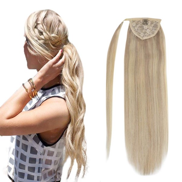 Sunny 14inch Human Hair Clip in Ponytail Extension Real Hair Ponytail Highlight Extensions Dark Ash Blonde Highlight with Bleach Blonde Ponytail Hair Extensions 80G