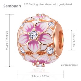 Sambaah Rose Gold Flower Charm Sterling Silver Pink Magnolia Flower with Cubic Zirconia for Women Bracelets