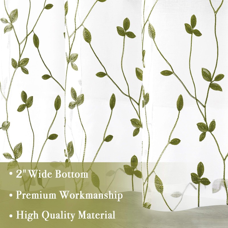 WUBODTI Sage Green Leaf Embroidered Sheer Curtain 72 Inches Long