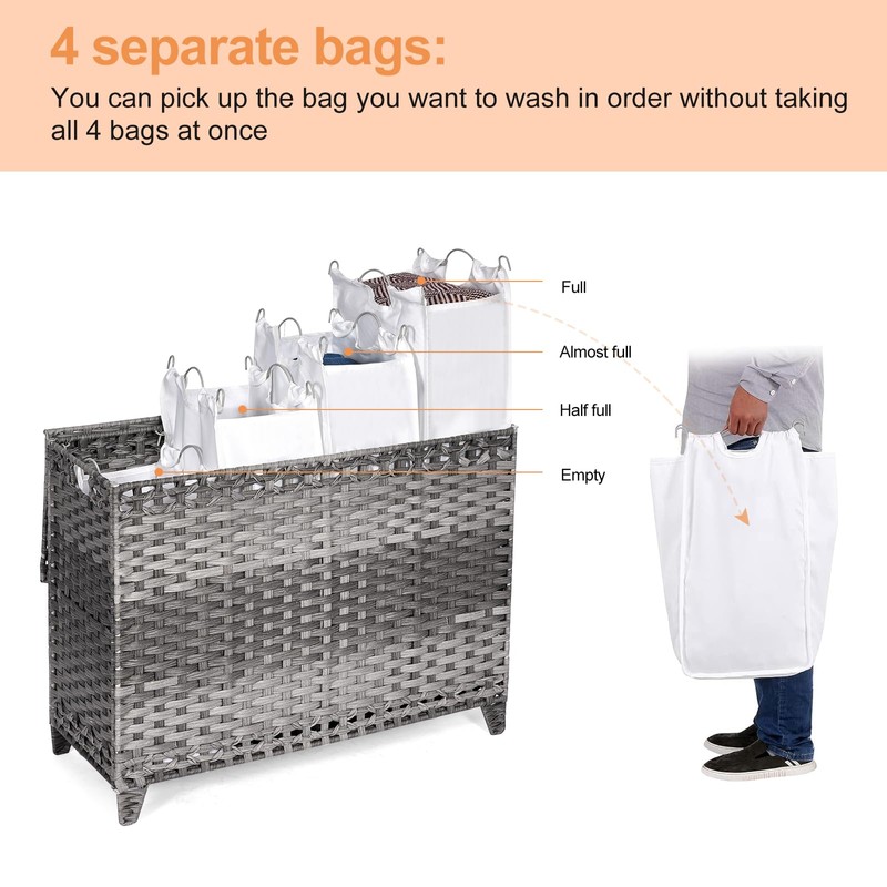 Laundry Hamper with 4 Removable Liner Bags; 176L Handwoven Rattan