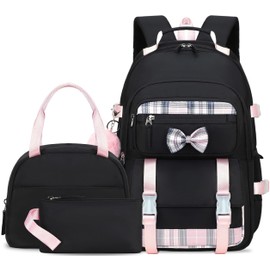 Hey Yoo Cute School Backpack for Girls Backpack for School Bag Bookbag Set with Lunch Box Teen Girl Backpacks for Girls Teens (Black)