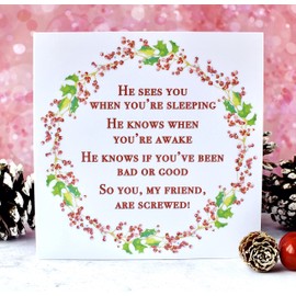 4 x Funny Christmas Cards Pack - Humour Xmas Card Friends & Family, He Sees You When You're Sleeping