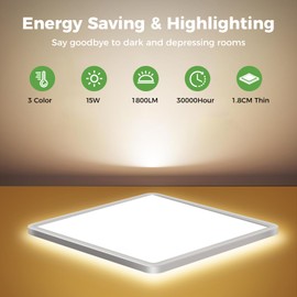 zemty LED Ceiling Light, 1800 lm Ceiling Light, Flat, Warm, Neutral, Cold White, 3000 K/4000 K/6500 K, LED Panel Ceiling Light for Bathroom, Living Room, Hallway, Kitchen, Bedroom, Bathroom - Ultra