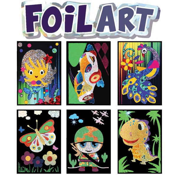 VHALE Foil Art Craft Kit 6 Pack Sticker Picture (9.5 x 6.5 inch), 48 Foil Sheets and 6 Skewers, Peel and Paste Sparkly Foil Art, Classroom Arts and Crafts, Great Travel Toys, Kids Party Favors