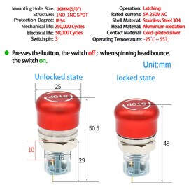 16mm /0.63" Latching Emergency Stop Push Button Switch SPDT Mushroom Stainless Steel Red with Wired Socket 120V 12V 5V-220V (16MM Small Head 1NO 1NC)