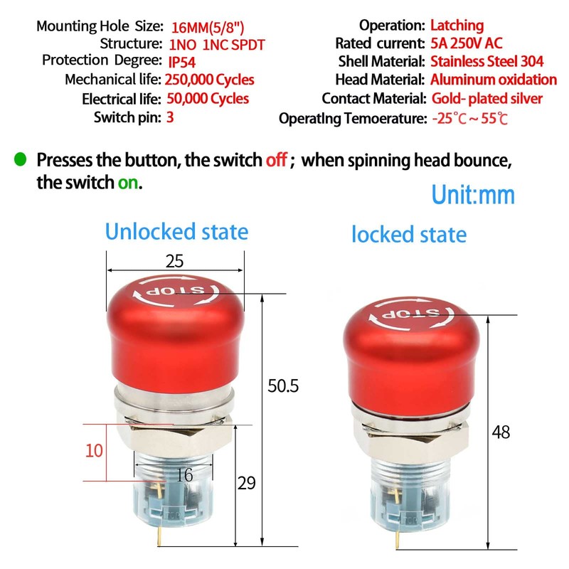 16mm /0.63" Latching Emergency Stop Push Button Switch SPDT Mushroom