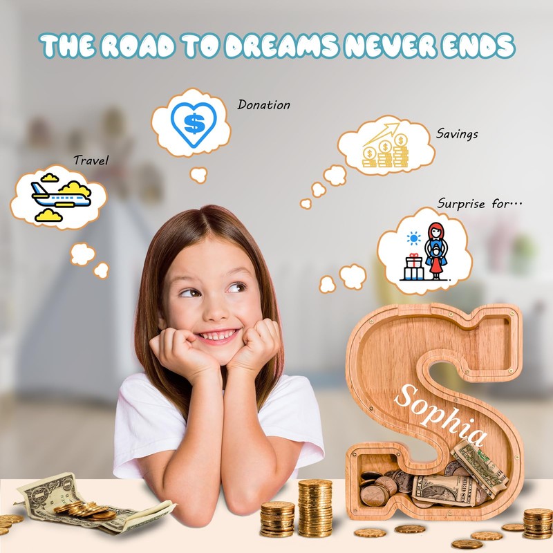 JOOMLAFLY Wooden Letter Piggy Bank for Kids 9"Clear Coin Bank