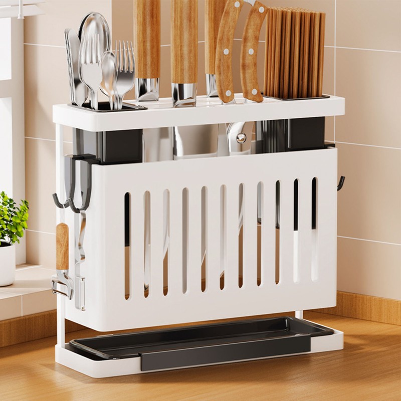 Kitchen Knives Chopstick Rack with Draining Tray Wall Mounted Multifunctional