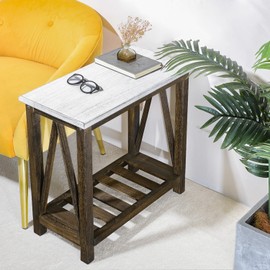 FEUFOAM Narrow Side Table Living Room Farmhouse End Table with Storage Shelf Rectangular Rustic Nightstand Sofa Side Tables for Small Spaces Bedroom Office Hallway White and Brown