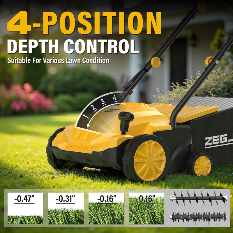 ZEGJAW Electric Dethatcher and Scarifier, 13” 12Amp Lawn Dethatcher with