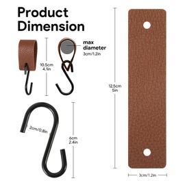 ROOMHUAWAY Pack of 6 S Hooks with Leather Loop, Clothes Rail, Coat Hooks, Leather Butcher Hooks (Yellow/Brown)