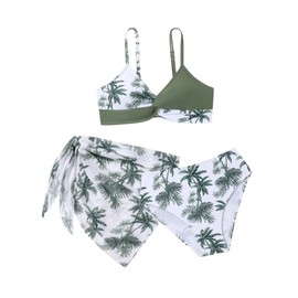 Xumplo Girls Floral Bikini Set Tween Girls 3 Piece Swimsuits Tankini Set with Cover Up Kids Swimming Costume Bathing Suit Green 12-14 Years