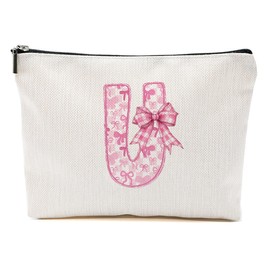 MQBMQB Pink Bow U, Alphabet Makeup Bag for Women, Washable Travel Organizer Toiletry Cosmetic Bag, Coquette Bow Letter Pattern Large Capacity Makeup Pouch with Zipper, Christmas Gifts for Women