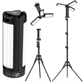 AKOFUN Camping Lights with Stand, 12000mAh Rechargeable Work Light Max Height 75”, Telescoping Portable Outdoor Lights with 3 LED Lamp Heads, Magnetic Emergency Flashlight, Detachable Tripod, Black
