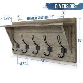 bizchair Rustic Wall Mounted Coat Rack with Shelf - Solid Wood 24" Entryway Shelf