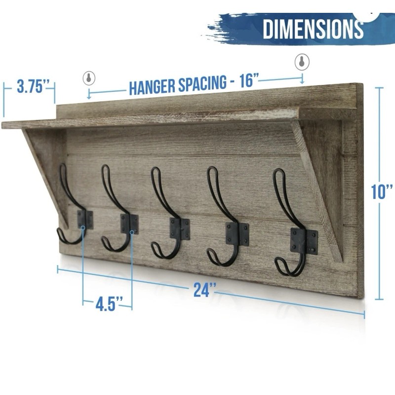bizchair Rustic Wall Mounted Coat Rack with Shelf - Solid