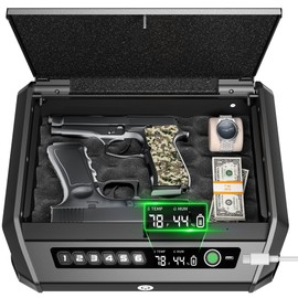 Gun Safe with LCD Display & USB Port, ≤0.1s Quick Access Biometric Handgun Safe for 2-4 Pistols, Hand Gun Lock Box with Fingerprint | Keypad | and Keys for Home Drawer Bedside Nightstand