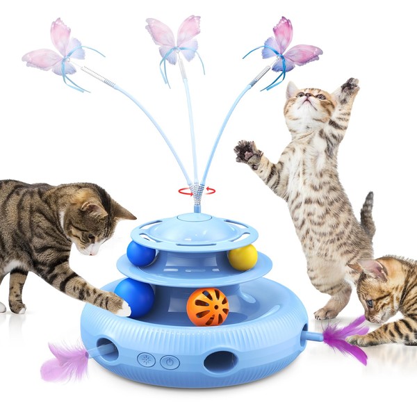 Cat Toys, 4-in-1 Rechargeable Automatic Interactive Cat Toy with Fluttering Butterfly, Random Moving Ambush Feather, Two-Tier Track Balls, 5H Smart Standby, Touch-Activated