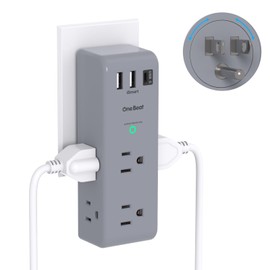 Surge Protector Outlet Extender - with Rotating Plug, 6 AC Multi Plug Outlet with 3 USB Ports (1 USB C), 1800 Joules, 3-Sided Swivel Power Strip with Spaced Outlet Splitter for Dorm, Office, Grey