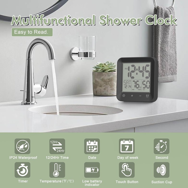 Yariaii Waterproof Shower Clock, Digital Bathroom Kitchen Wall Clock Timer