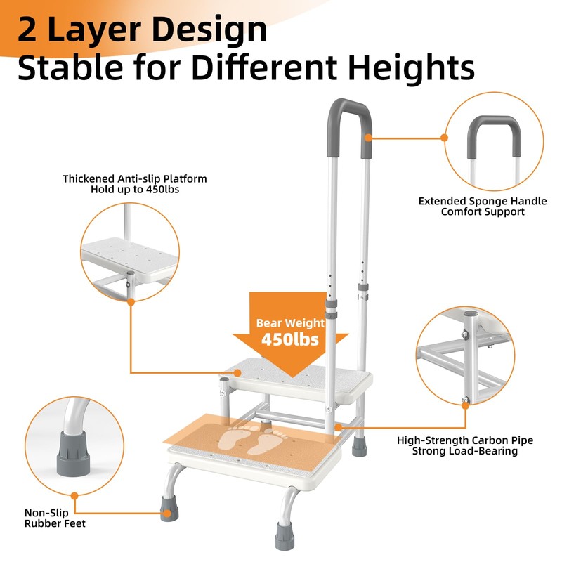 Adjustable 2 Step Stool with Handle for Elderly, Seniors and